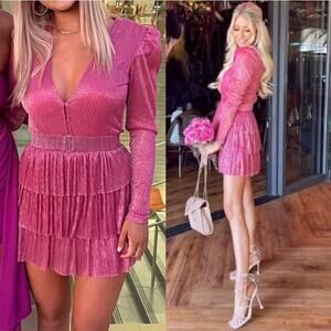 Sabina Musayev | Carry Mini Dress Hot Pink Metallic Foil Tiered Plissé L